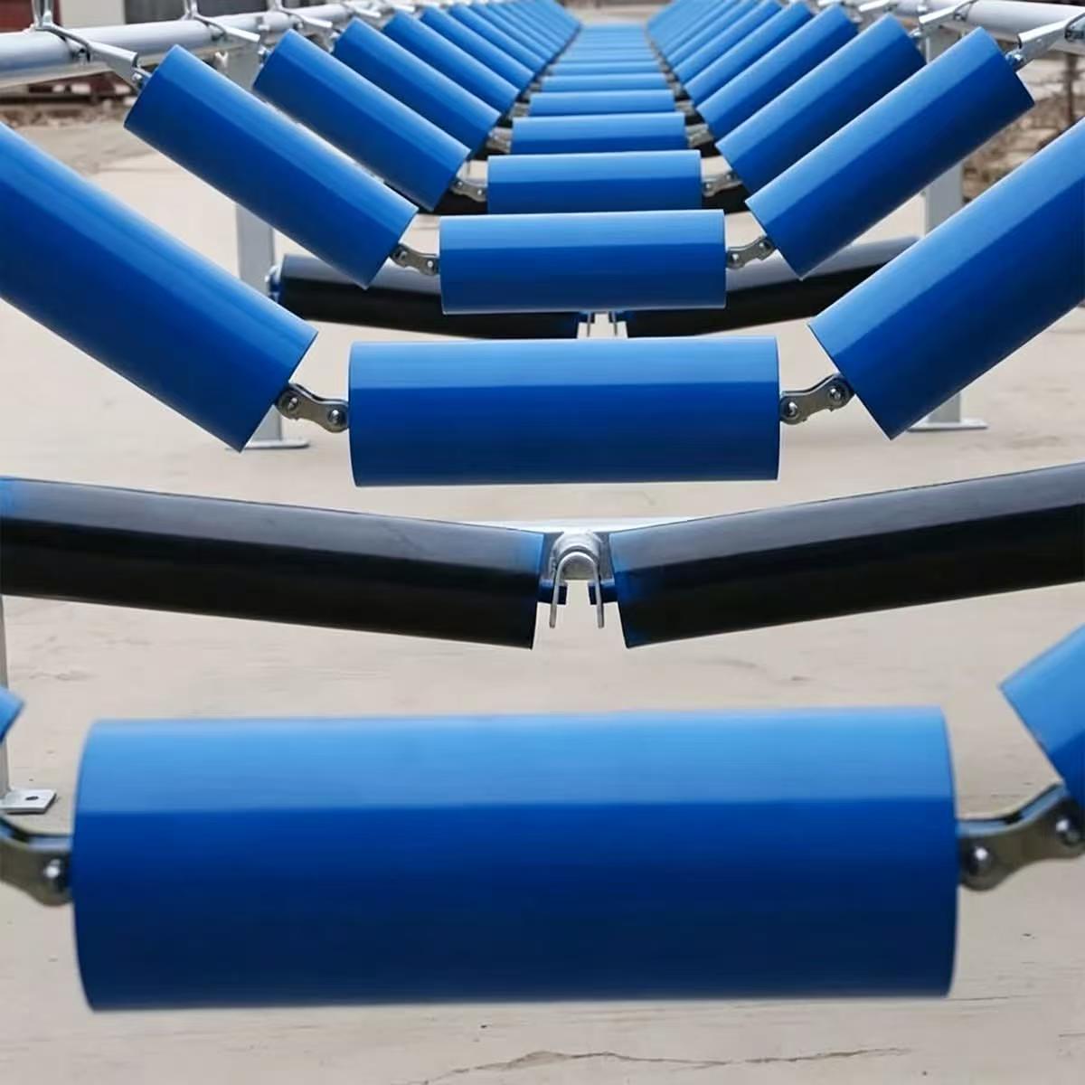Blue conveyor troughing idler rollers and frames